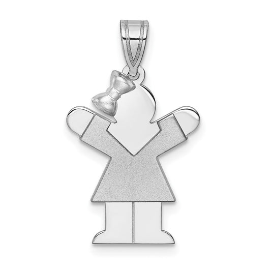 14k White Gold Small Girl with Bow on Left Engravable Charm Pendant Jewelry Gifts (Length 0.98" Width 0.59")