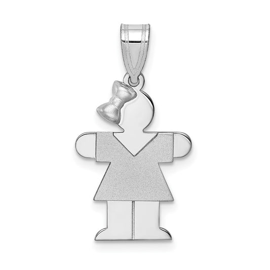 14k White Gold Small Girl with Bow on Left Engravable Charm Pendant Jewelry Gifts (Length 0.98" Width 0.59")