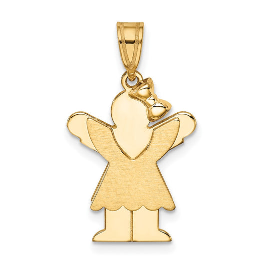 14k Yellow Gold Girl with Bow on Right Engravable Charm Pendant Jewelry Gifts (Length 1.17" Width 0.59")