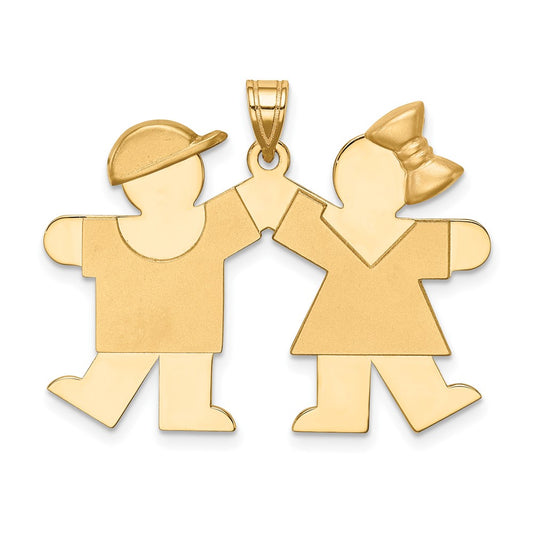 14k Yellow Gold Boy on Left and Girl on Right Engravable Charm Pendant Jewelry Gifts (Length 1.01" Width 1.37")