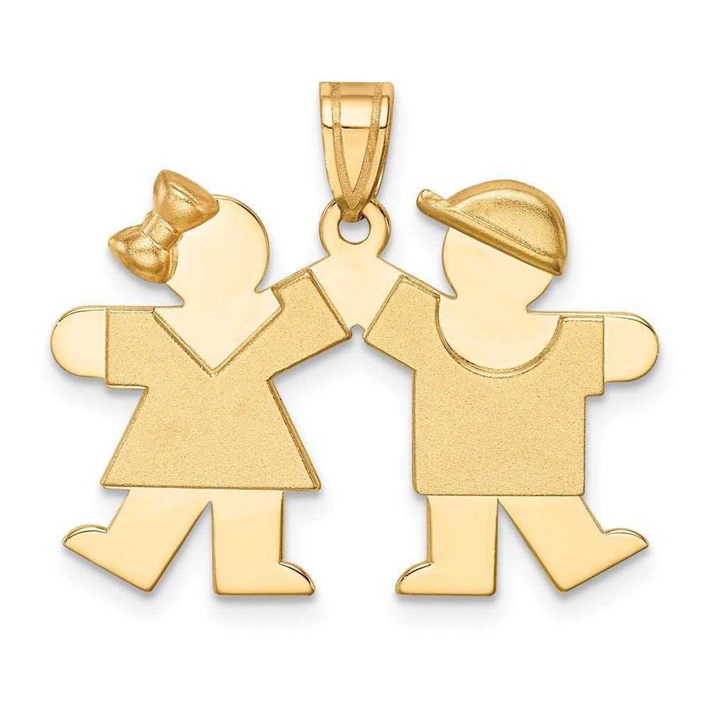 14k Yellow Gold Small Girl on Left and Boy on Right Engravable Charm Pendant Jewelry Gifts (Length 0.86" Width 1.01")