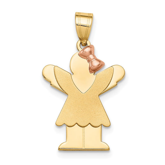 14K Two Tone Yellow and Rose Gold Small Girl with Bow on Right Engravable Charm Pendant Jewelry Gifts (Length 0.98" Width 0.59")