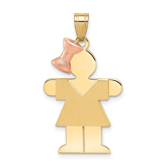 14K Two Tone Yellow and Rose Gold Large Girl with Bow on Left Engravable Charm Pendant Jewelry Gifts (Length 1.17" Width 0.7")