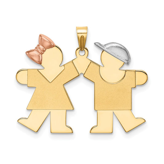 14k Yellow White and Rose Tri Gold Small Girl on Left and Boy on Right Engravable Charm Pendant Jewelry Gifts (Length 0.86" Width 0.98")