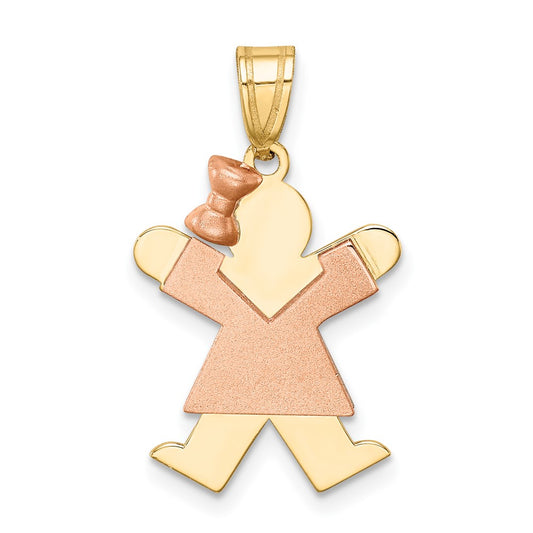 14K Two Tone Yellow and Rose Gold Small Girl with Bow on Left Engravable Charm Pendant Jewelry Gifts (Length 0.98" Width 0.59")