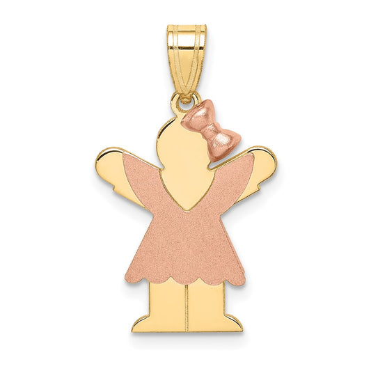 14K Two Tone Yellow and Rose Gold Small Girl with Bow on Right Engravable Charm Pendant Jewelry Gifts (Length 0.98" Width 0.59")