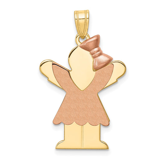 14K Two Tone Yellow and Rose Gold Large Girl with Bow on Right Engravable Charm Pendant Jewelry Gifts (Length 1.17" Width 0.78")