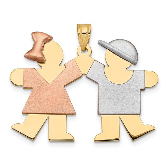 14k Yellow White and Rose Tri Gold Large Girl on Left and Boy on Right Engravable Charm Pendant Jewelry Gifts (Length 0.98" Width 1.29")