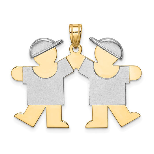 14k Two Tone Yellow and White Gold Large Double Boys Engravable Charm Pendant Jewelry Gifts (Length 0.98" Width 1.37")