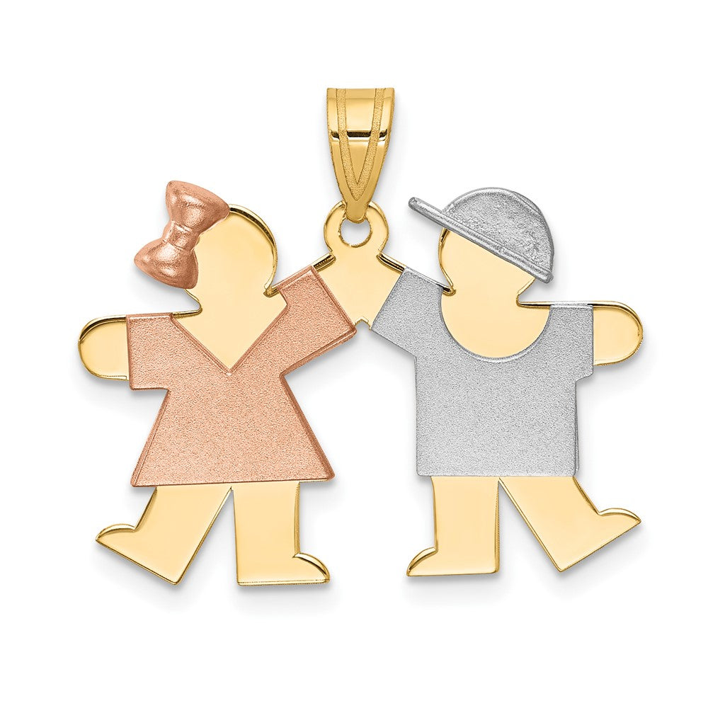 14k Yellow White and Rose Tri Gold Small Girl on Left and Boy on Right Engravable Charm Pendant Jewelry Gifts (Length 0.82" Width 0.98")