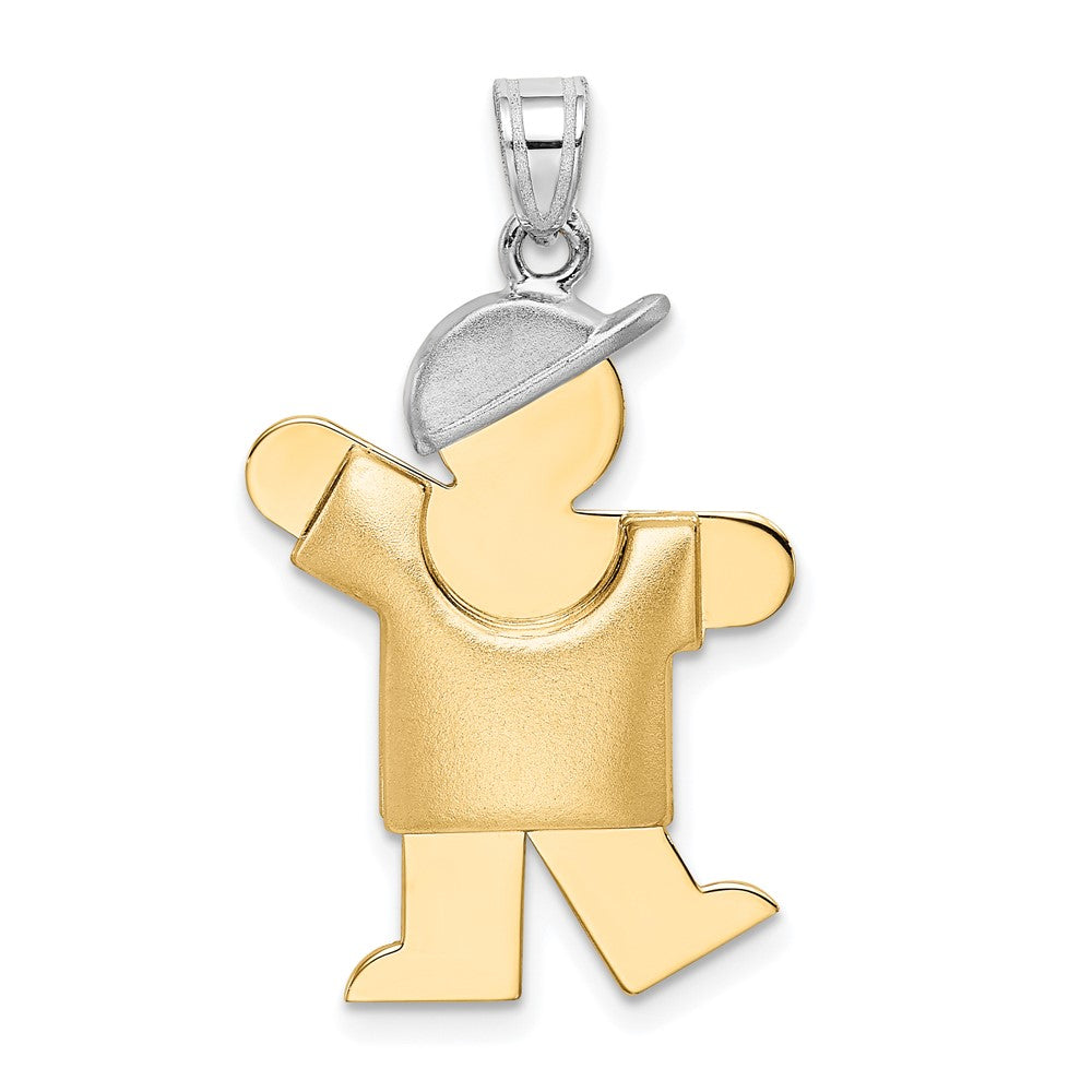 14k Two Tone Yellow and White Gold Puffed Boy with Hat on Left Engravable Charm Pendant Jewelry Gifts (Length 1.17" Width 0.78")