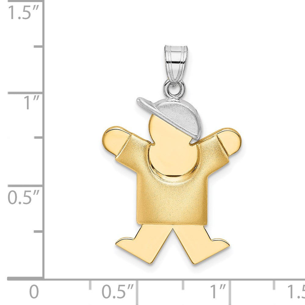 14k Two Tone Yellow and White Gold Puffed Boy with Hat on Right Engravable Charm Pendant Jewelry Gifts (Length 1.17" Width 0.78")
