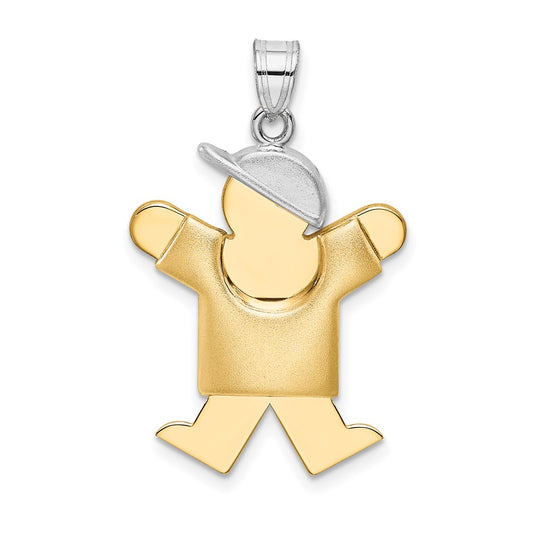 14k Two Tone Yellow and White Gold Puffed Boy with Hat on Right Engravable Charm Pendant Jewelry Gifts (Length 1.17" Width 0.78")