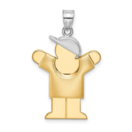 14k Two Tone Yellow and White Gold Puffed Boy with Hat on Right Engravable Charm Pendant Jewelry Gifts (Length 1.17" Width 0.78")