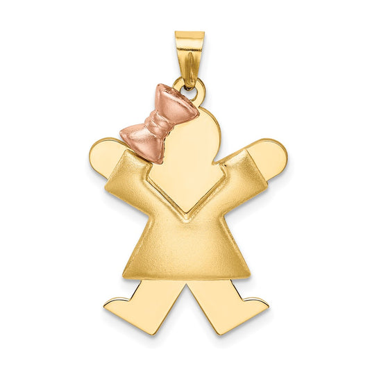 14K Two Tone Yellow and Rose Gold Puffed Girl with Bow on Left Engravable Charm Pendant Jewelry Gifts (Length 1.17" Width 0.78")