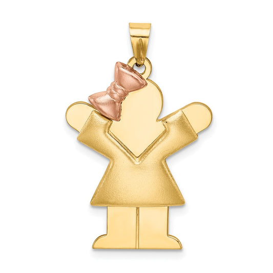 14K Two Tone Yellow and Rose Gold Puffed Girl with Bow on Left Engravable Charm Pendant Jewelry Gifts (Length 1.17" Width 0.78")