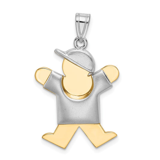 14k Two Tone Yellow and White Gold Puffed Boy with Hat on Right Engravable Charm Pendant Jewelry Gifts (Length 1.17" Width 0.78")