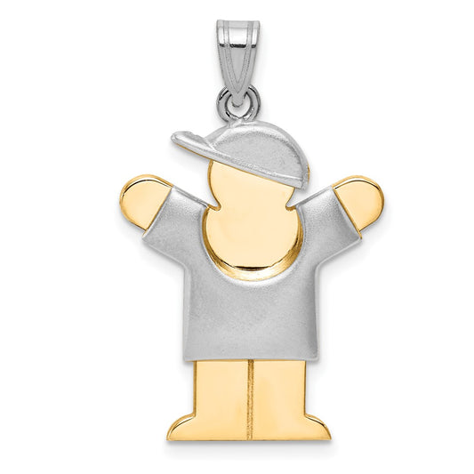 14k Two Tone Yellow and White Gold Puffed Boy with Hat on Right Engravable Charm Pendant Jewelry Gifts (Length 1.17" Width 0.78")