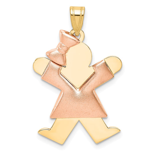 14K Two Tone Yellow and Rose Gold Puffed Girl with Bow on Left Engravable Charm Pendant Jewelry Gifts (Length 1.17" Width 0.78")