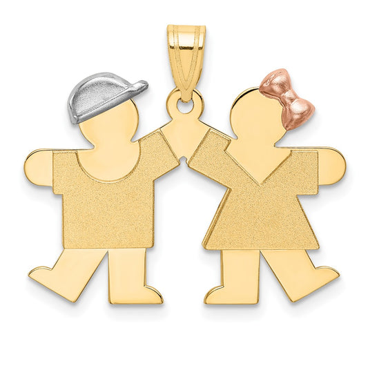 14k Yellow White and Rose Tri Gold Small Boy on Left and Girl on Right Engravable Charm Pendant Jewelry Gifts (Length 0.86" Width 0.98")