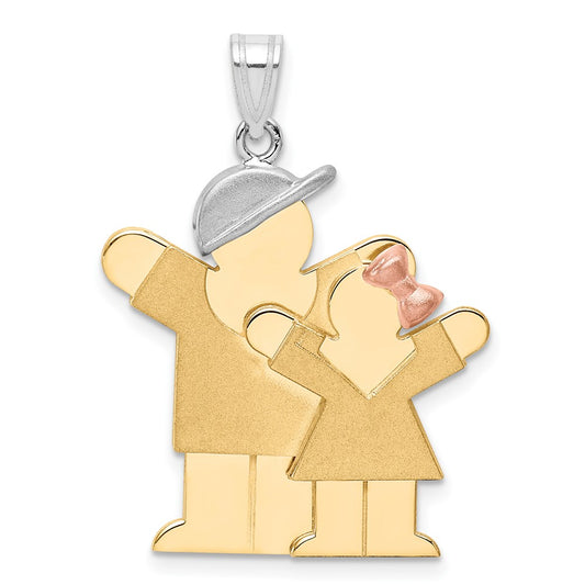 14k Yellow White and Rose Tri Gold Big Boy and Little Girl Engravable Charm Pendant Jewelry Gifts (Length 1.17" Width 0.98")