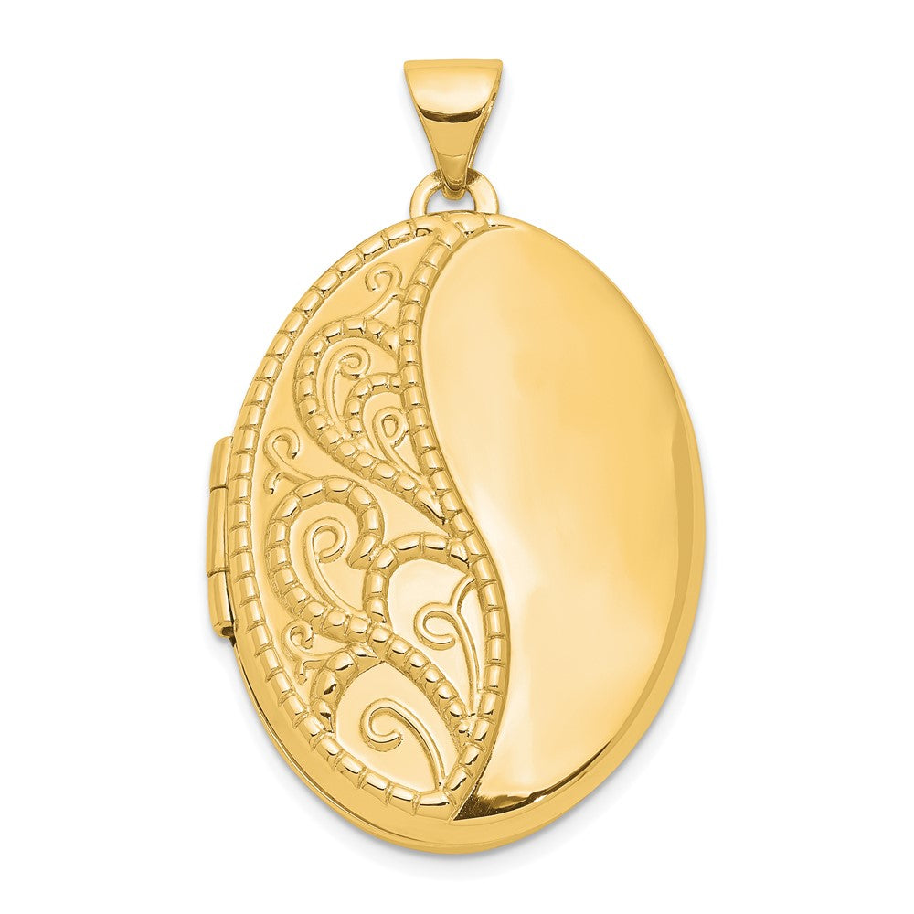 14k Yellow Gold 26mm Oval 1 2 Hand Engraved Locket Engravable Charm Pendant Jewelry Gifts (Length 1.29" Width 0.76")