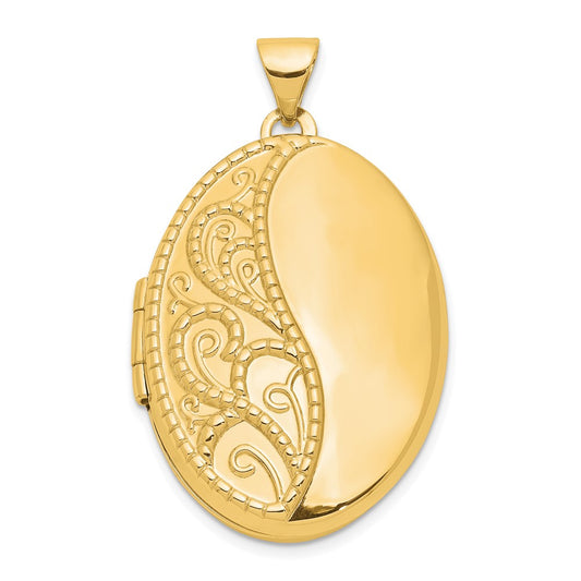 14k Yellow Gold 26mm Oval 1 2 Hand Engraved Locket Engravable Charm Pendant Jewelry Gifts (Length 1.29" Width 0.76")