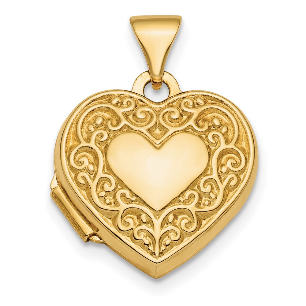 14k Yellow Gold Polished Fancy Scroll Design Reversible 15mm Heart Locket Engravable Charm Pendant Jewelry Gifts (Length 0.82" Width 0.59")