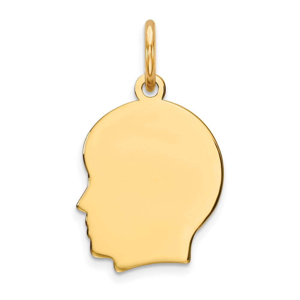 14k Yellow Gold Plain Small .013 Gauge Facing Left Boy HeadEngravable Charm Pendant Jewelry Gifts (Length 0.7" Width 0.39")