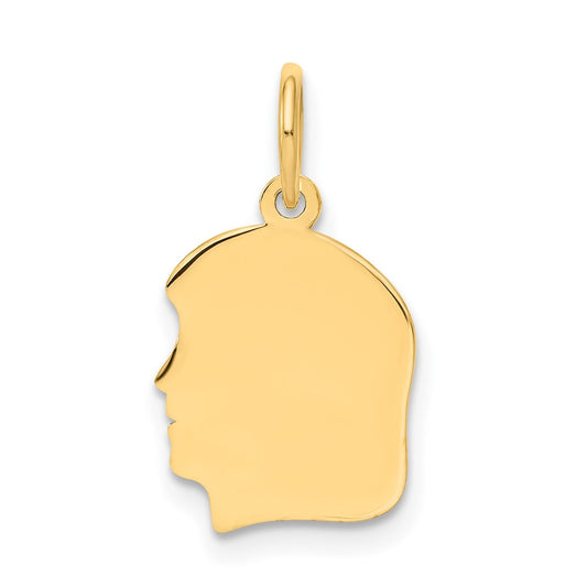 14k Yellow Gold Plain Small .035 Gauge Facing Left Girl HeadEngravable Charm Pendant Jewelry Gifts (Length 0.7" Width 0.39")