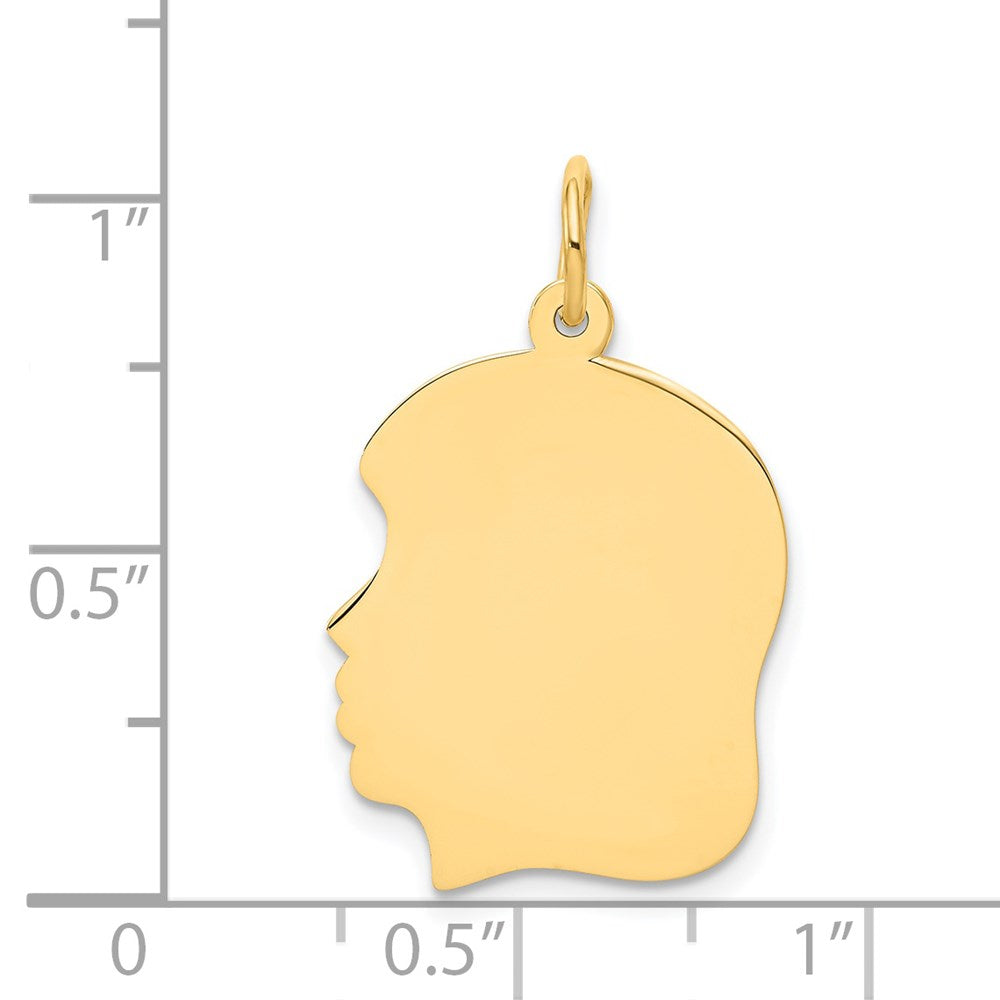 14k Yellow Gold Plain Medium .018 Gauge Facing Left Girl HeadEngravable Charm Pendant Jewelry Gifts (Length 1.05" Width 0.66")