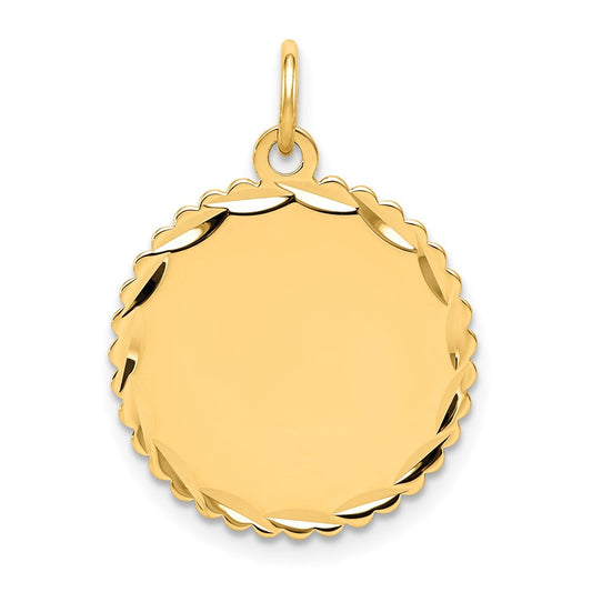 14k Yellow Gold .011 Gauge Scalloped Disc Engravable Charm Pendant Jewelry Gifts (Length 0.9" Width 0.7")