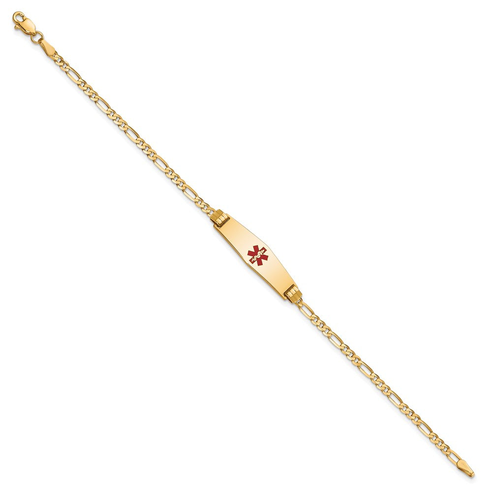 Engravable 14K Yellow Gold Medical Soft Diamond Shape Red Enamel Figaro ID Bracelet Length 7 inches Width 7.5 mm With Lobster Claw Clasp