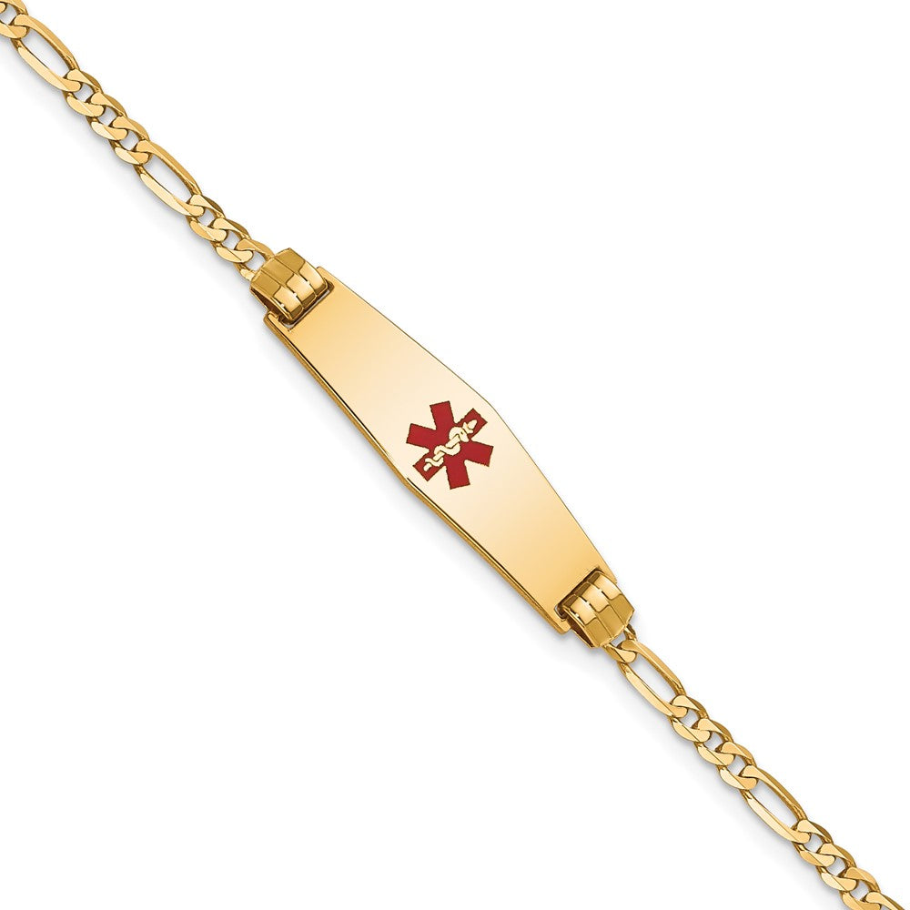Engravable 14K Yellow Gold Medical Soft Diamond Shape Red Enamel Figaro ID Bracelet Length 8 inches Width 7.5 mm With Lobster Claw Clasp