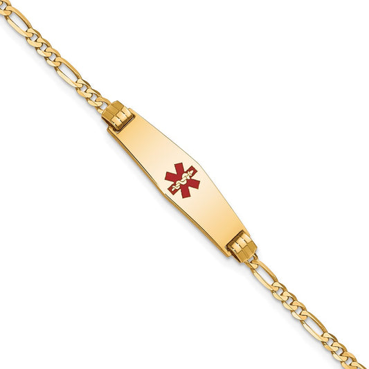 Engravable 14K Yellow Gold Medical Soft Diamond Shape Red Enamel Figaro ID Bracelet Length 8 inches Width 7.5 mm With Lobster Claw Clasp