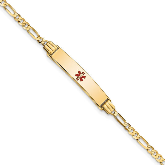 Engravable 14K Yellow Gold Medical Red Enamel Figaro ID Bracelet Length 7 inches Width 5.5 mm With Lobster Claw Clasp