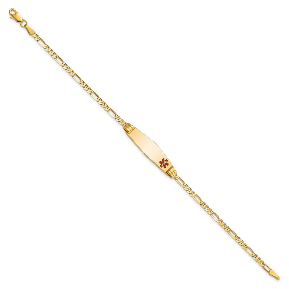 Engravable 14K Yellow Gold Medical Soft Diamond Shape Red Enamel Figaro ID Bracelet Length 7 inches Width 7.5 mm With Lobster Claw Clasp
