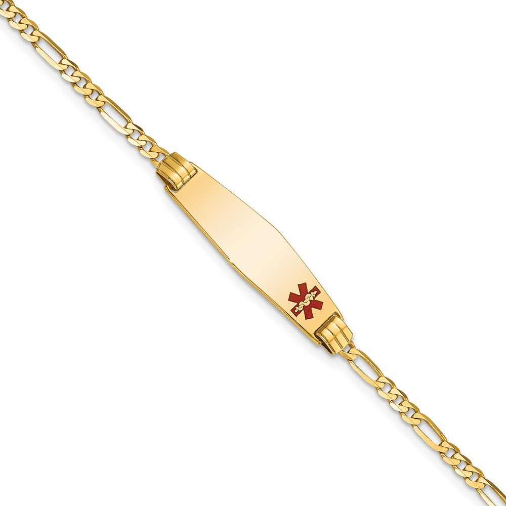 Engravable 14K Yellow Gold Medical Soft Diamond Shape Red Enamel Figaro ID Bracelet Length 7 inches Width 7.5 mm With Lobster Claw Clasp