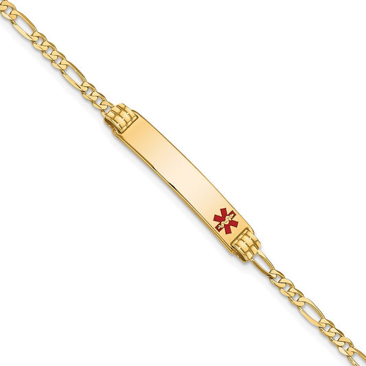Engravable 14K Yellow Gold Medical Red Enamel Figaro ID Bracelet Length 7 inches Width 5.5 mm With Lobster Claw Clasp