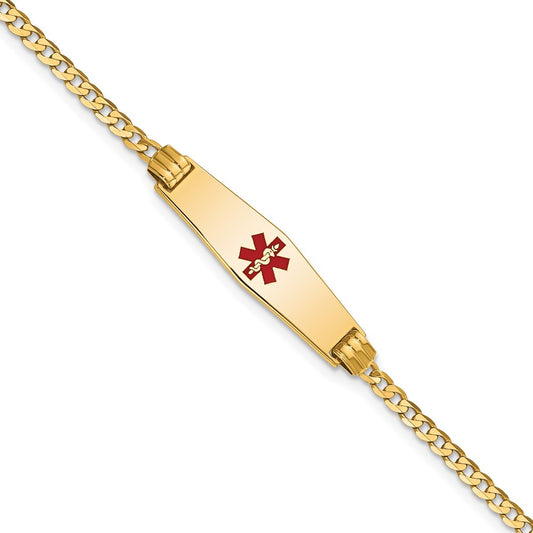 Engravable 14K Yellow Gold Medical Soft Diamond Shape Red Enamel Curb Link ID Bracelet Length 7 inches Width 7.5 mm With Lobster Claw Clasp