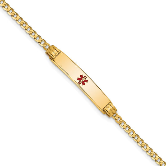 Engravable 14K Yellow Gold Medical Red Enamel Curb Link ID Bracelet Length 7 inches Width 5.5 mm With Lobster Claw Clasp