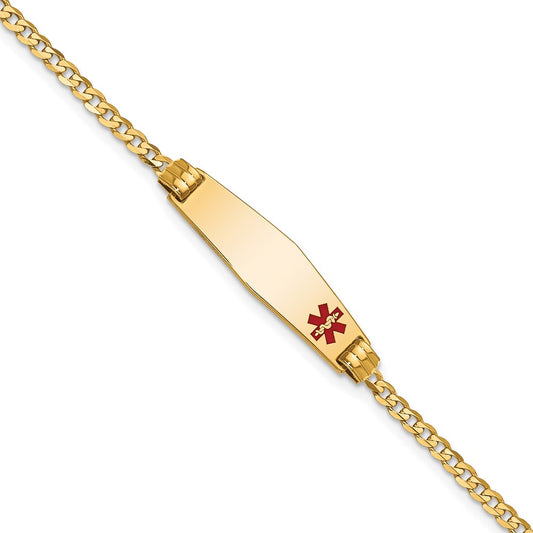 Engravable 14K Yellow Gold Medical Soft Diamond Shape Red Enamel Curb Link ID Bracelet Length 7 inches Width 7.5 mm With Lobster Claw Clasp