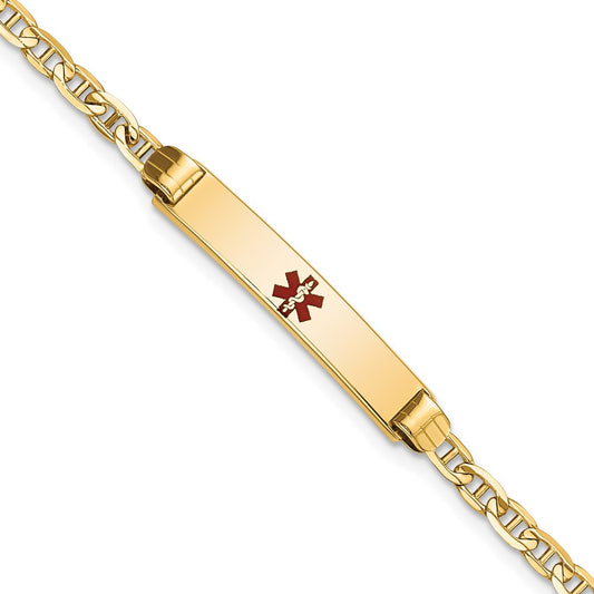 Engravable 14K Yellow Gold Medical Red Enamel Anchor ID Bracelet Length 7 inches Width 5.5 mm With Lobster Claw Clasp