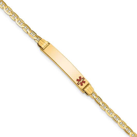 Engravable 14K Yellow Gold Medical Red Enamel Anchor ID Bracelet Length 7 inches Width 5.5 mm With Lobster Claw Clasp