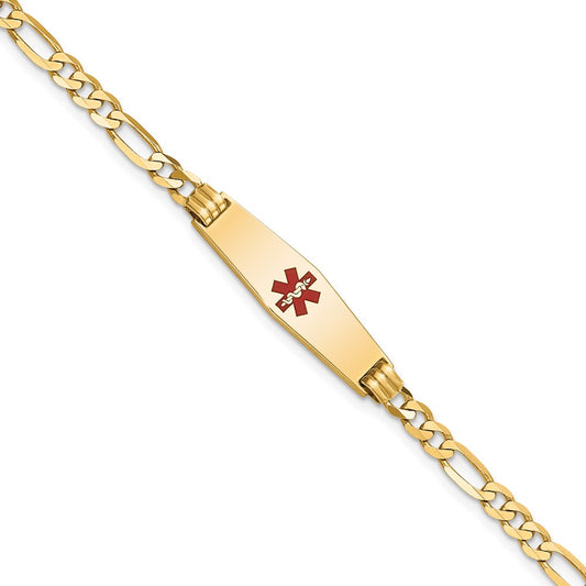 Engravable 14K Yellow Gold Medical Soft Diamond Shape Red Enamel Figaro ID Bracelet Length 7 inches Width 7.5 mm With Lobster Claw Clasp