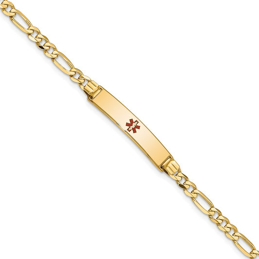 Engravable 14K Yellow Gold Medical Red Enamel Figaro ID Bracelet Length 8 inches Width 5.5 mm With Lobster Claw Clasp