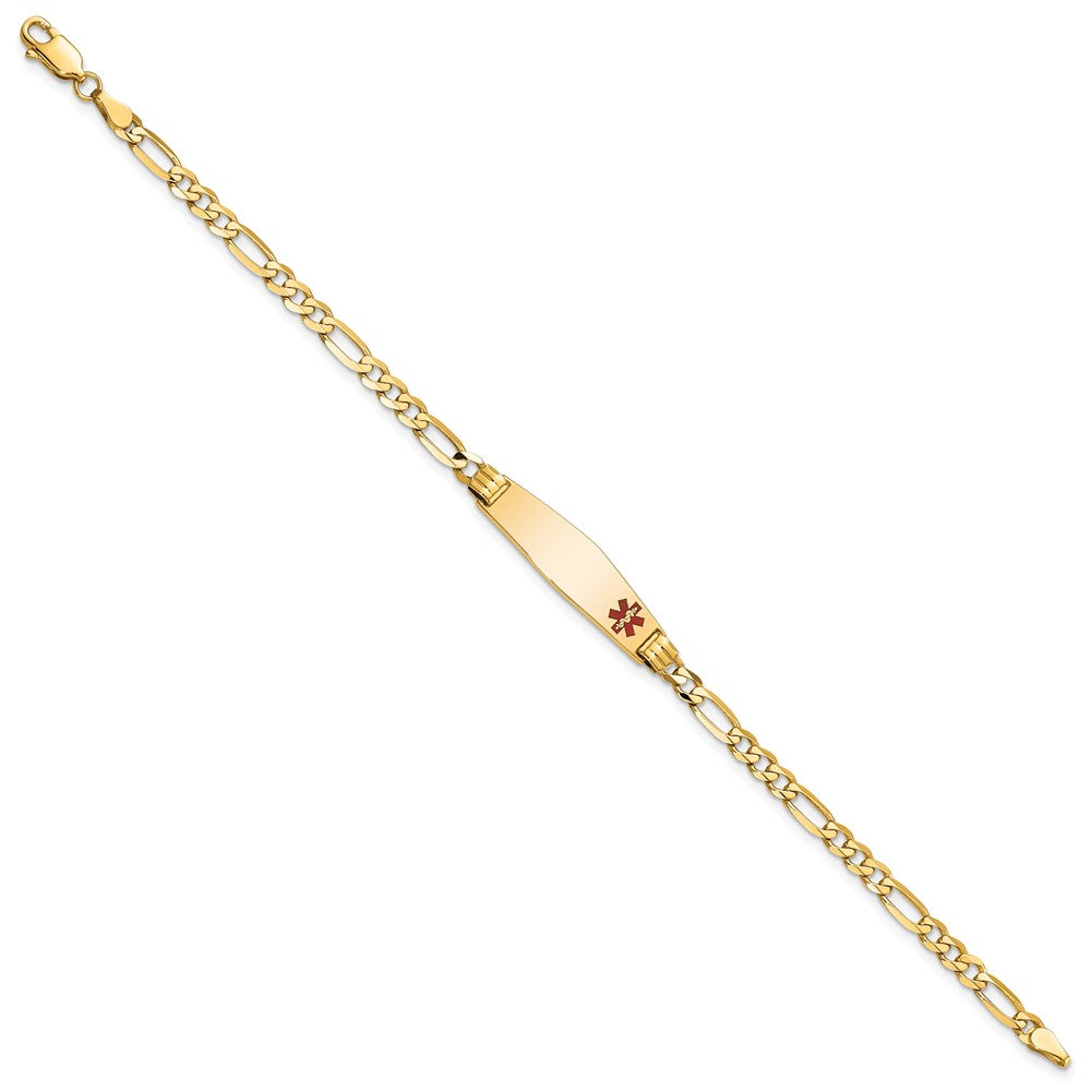 Engravable 14K Yellow Gold Medical Soft Diamond Shape Red Enamel Figaro ID Bracelet Length 7 inches Width 7.5 mm With Lobster Claw Clasp