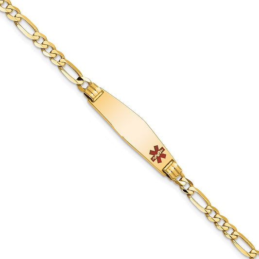 Engravable 14K Yellow Gold Medical Soft Diamond Shape Red Enamel Figaro ID Bracelet Length 7 inches Width 7.5 mm With Lobster Claw Clasp