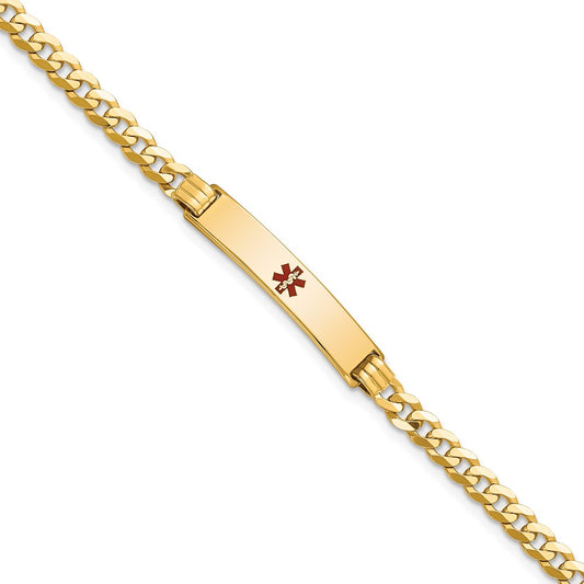 Engravable 14K Yellow Gold Medical Red Enamel Curb Link ID Bracelet Length 7 inches Width 5.5 mm With Lobster Claw Clasp
