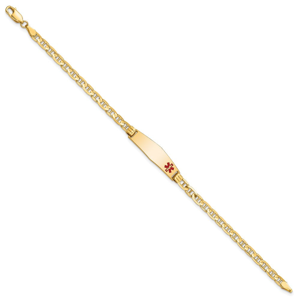 Engravable 14K Yellow Gold Medical Soft Diamond Shape Red Enamel Anchor Link ID Bracelet Length 8 inches Width 7.5 mm With Lobster Claw Clasp